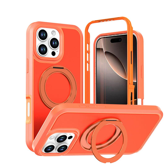 For iPhone 16 Pro Silicone Magnetic Anti-drop Protective Phone Case with 360 Rotating Holder(Orange)