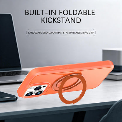 For iPhone 16 Pro Silicone Magnetic Anti-drop Protective Phone Case with 360 Rotating Holder(Orange)