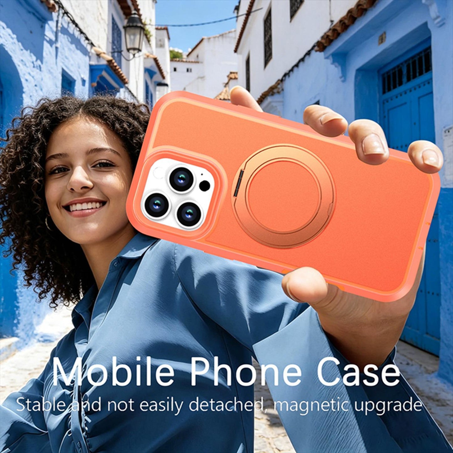 For iPhone 16 Pro Silicone Magnetic Anti-drop Protective Phone Case with 360 Rotating Holder(Orange)