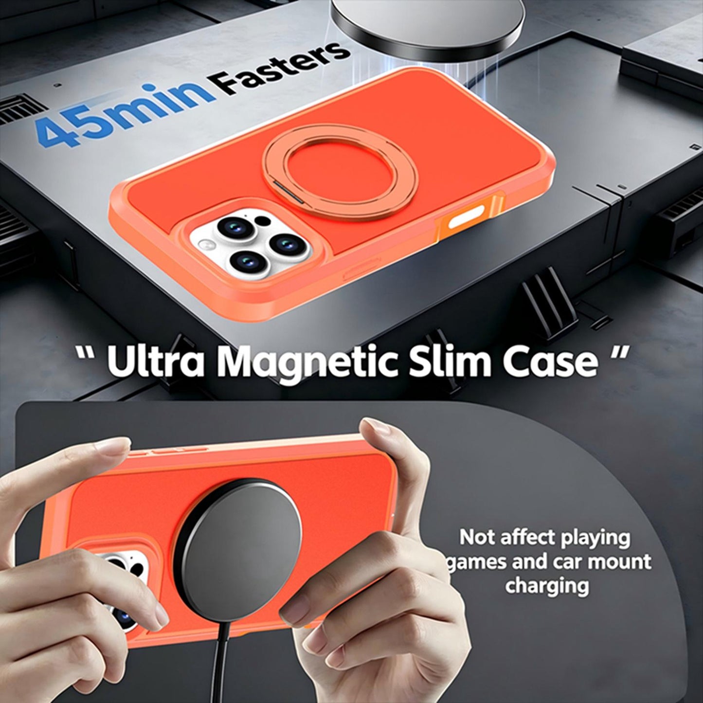 For iPhone 16 Pro Silicone Magnetic Anti-drop Protective Phone Case with 360 Rotating Holder(Orange)