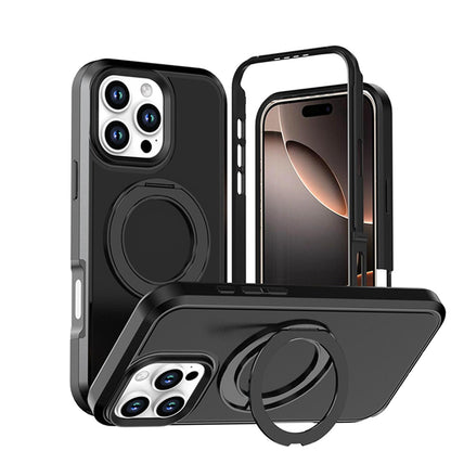 For iPhone 16 Pro Silicone Magnetic Anti-drop Protective Phone Case with 360 Rotating Holder(Black)