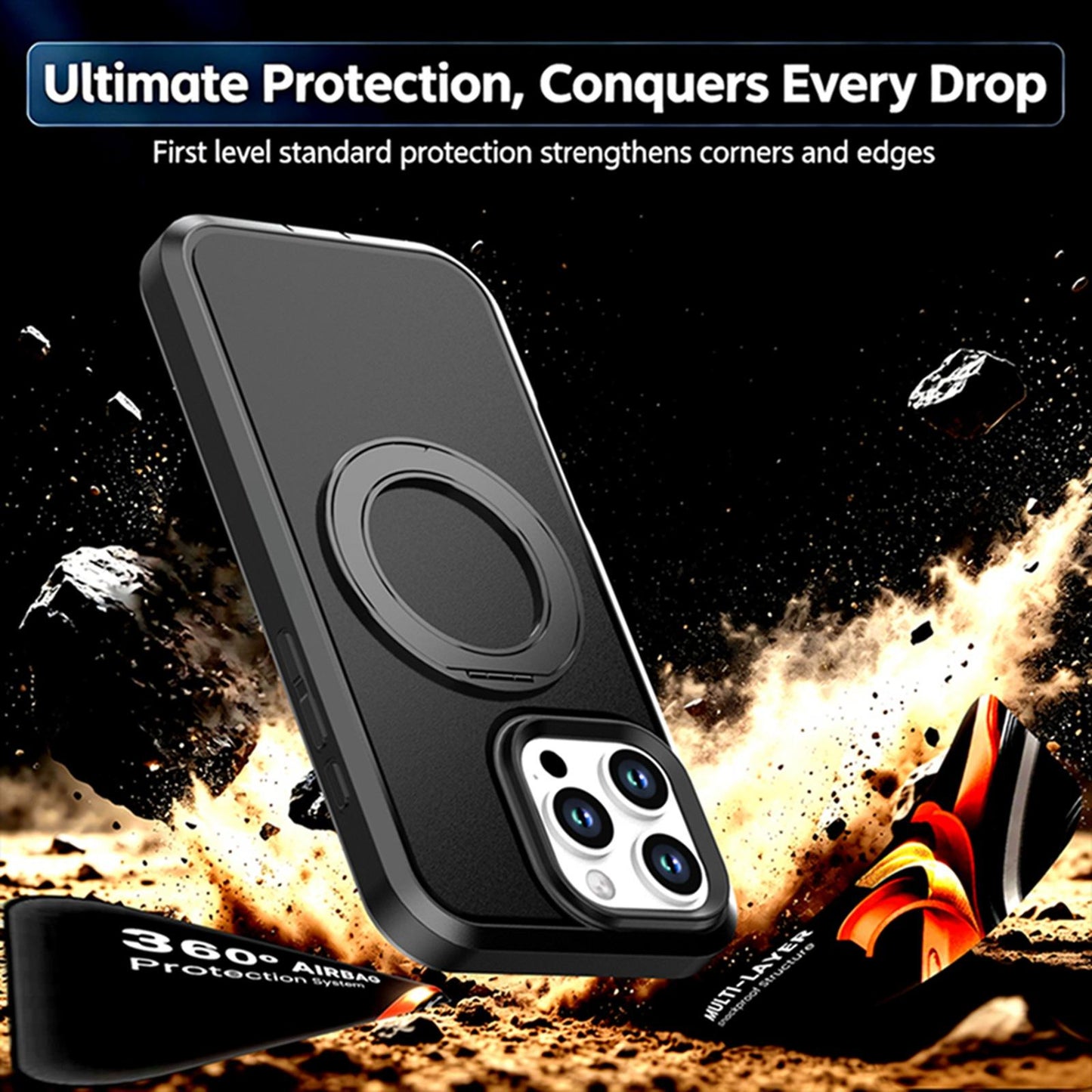 For iPhone 16 Pro Silicone Magnetic Anti-drop Protective Phone Case with 360 Rotating Holder(Black)