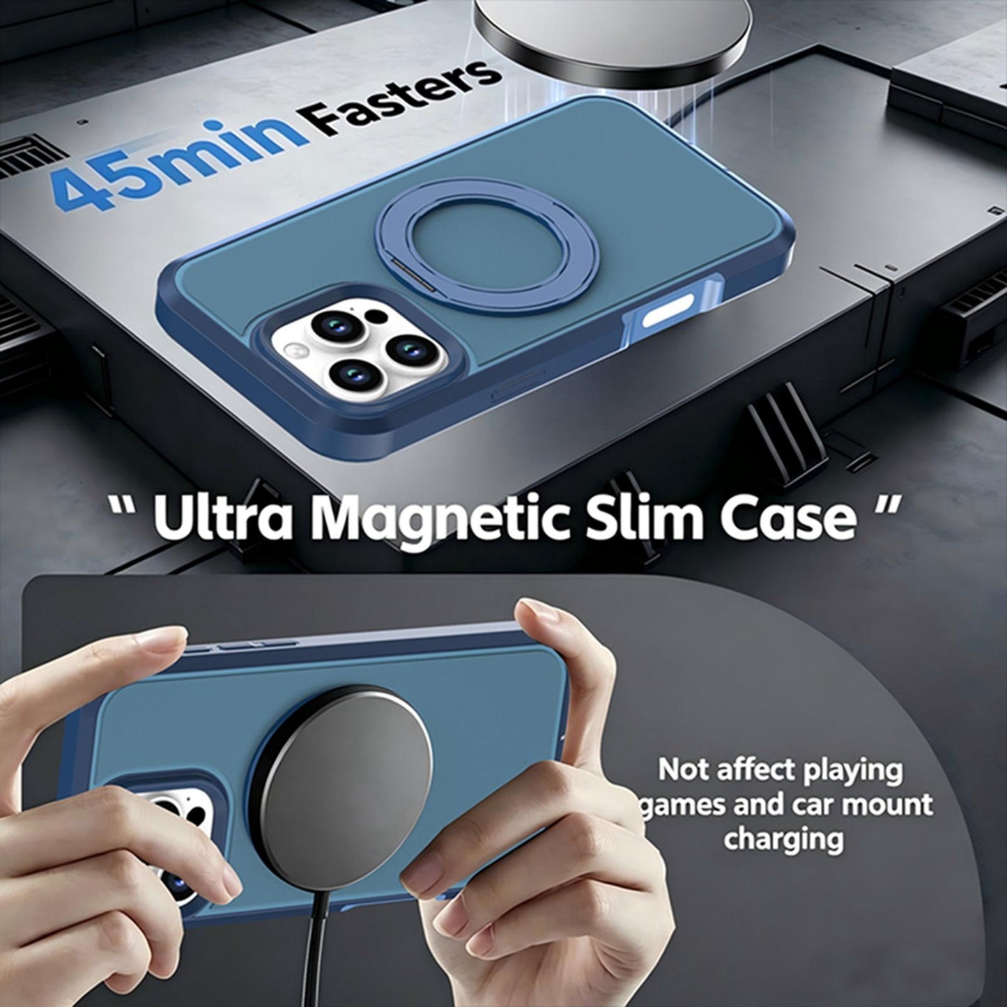 For iPhone 16 Pro Silicone Magnetic Anti-drop Protective Phone Case with 360 Rotating Holder(Blue)