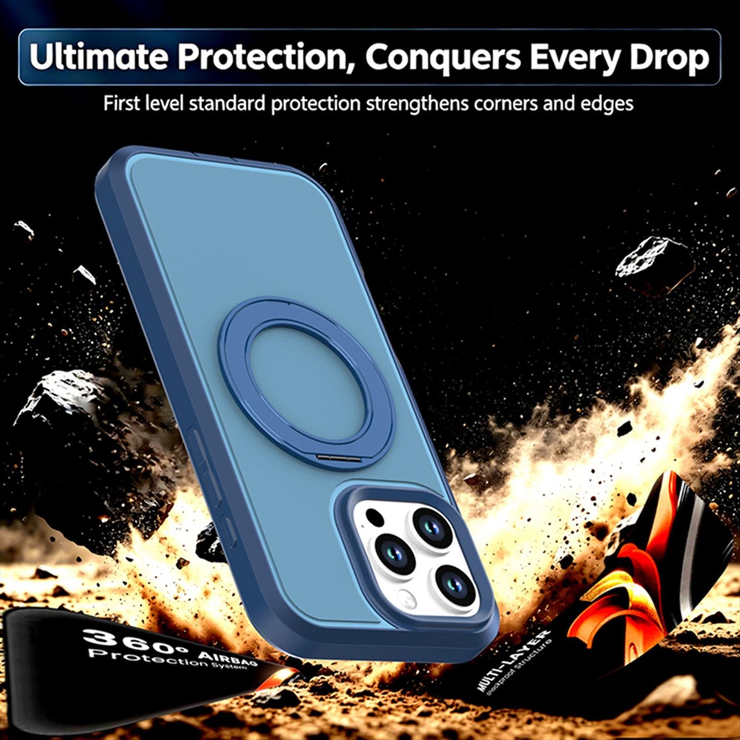 For iPhone 16 Pro Silicone Magnetic Anti-drop Protective Phone Case with 360 Rotating Holder(Blue)