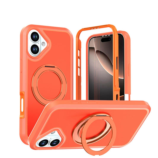 For iPhone 16 Plus Silicone Magnetic Anti-drop Protective Phone Case with 360 Rotating Holder(Orange)