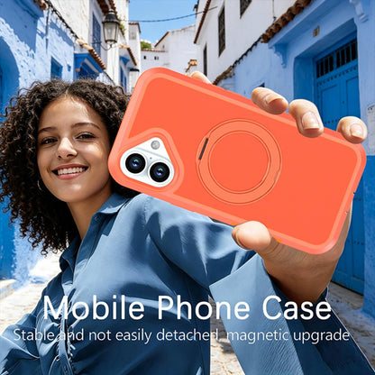 For iPhone 16 Plus Silicone Magnetic Anti-drop Protective Phone Case with 360 Rotating Holder(Orange)