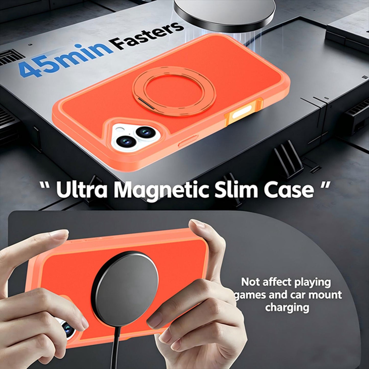 For iPhone 16 Plus Silicone Magnetic Anti-drop Protective Phone Case with 360 Rotating Holder(Orange)