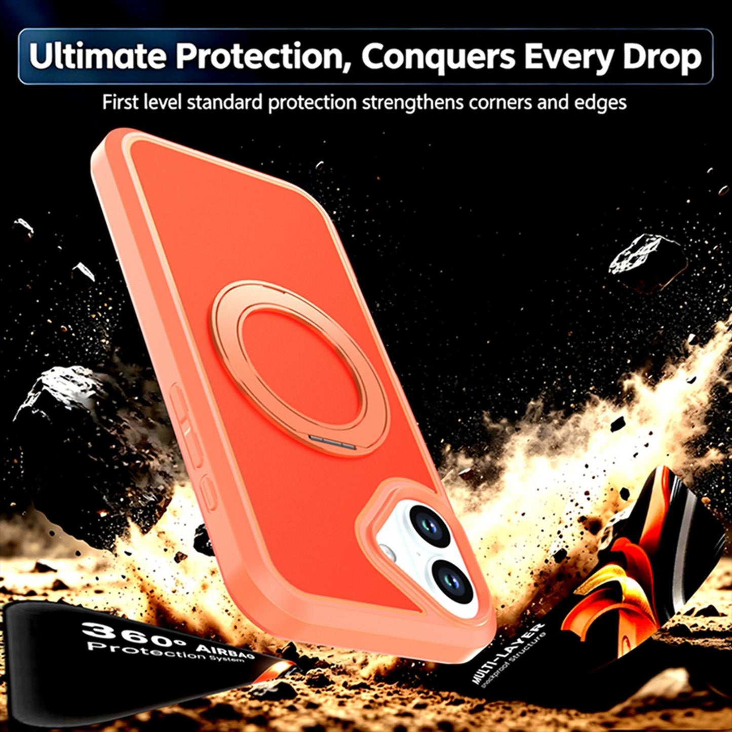 For iPhone 16 Plus Silicone Magnetic Anti-drop Protective Phone Case with 360 Rotating Holder(Orange)