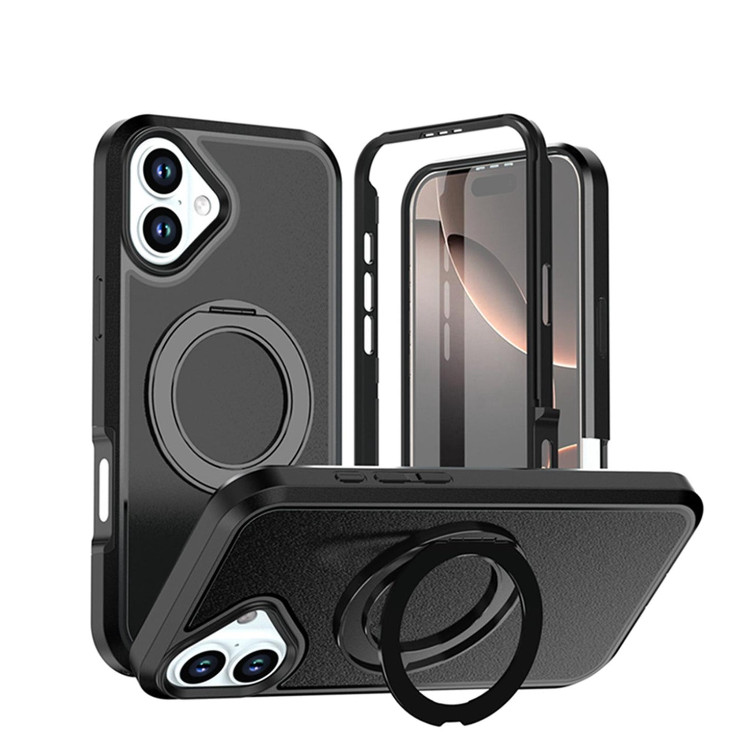 For iPhone 16 Plus Silicone Magnetic Anti-drop Protective Phone Case with 360 Rotating Holder(Black)