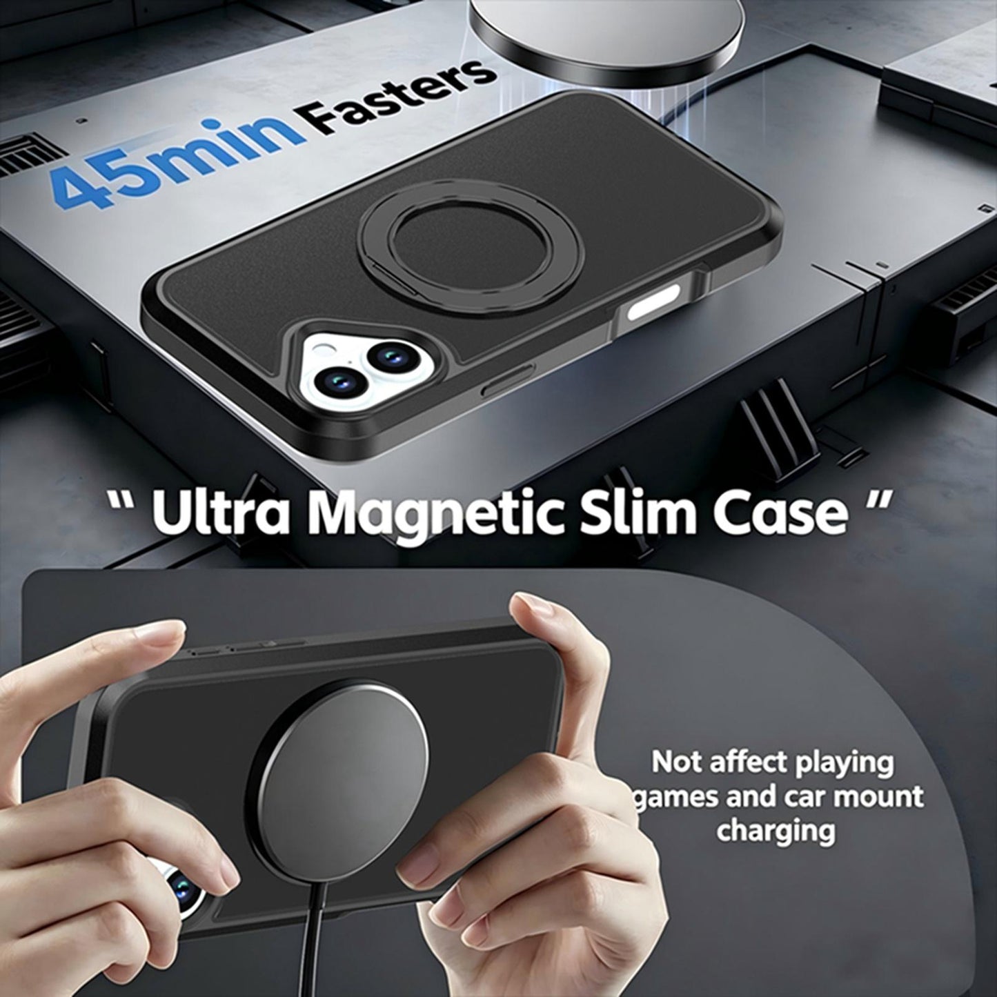 For iPhone 16 Plus Silicone Magnetic Anti-drop Protective Phone Case with 360 Rotating Holder(Black)