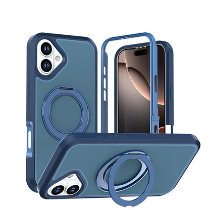 For iPhone 16 Plus Silicone Magnetic Anti-drop Protective Phone Case with 360 Rotating Holder(Blue)
