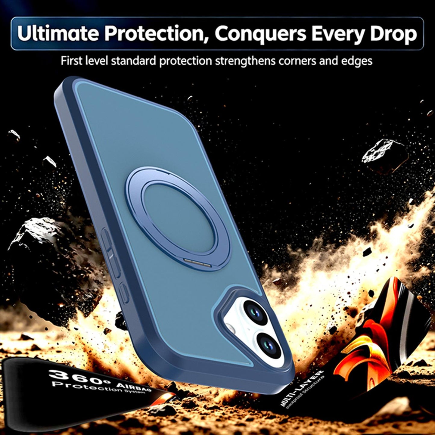 For iPhone 16 Plus Silicone Magnetic Anti-drop Protective Phone Case with 360 Rotating Holder(Blue)