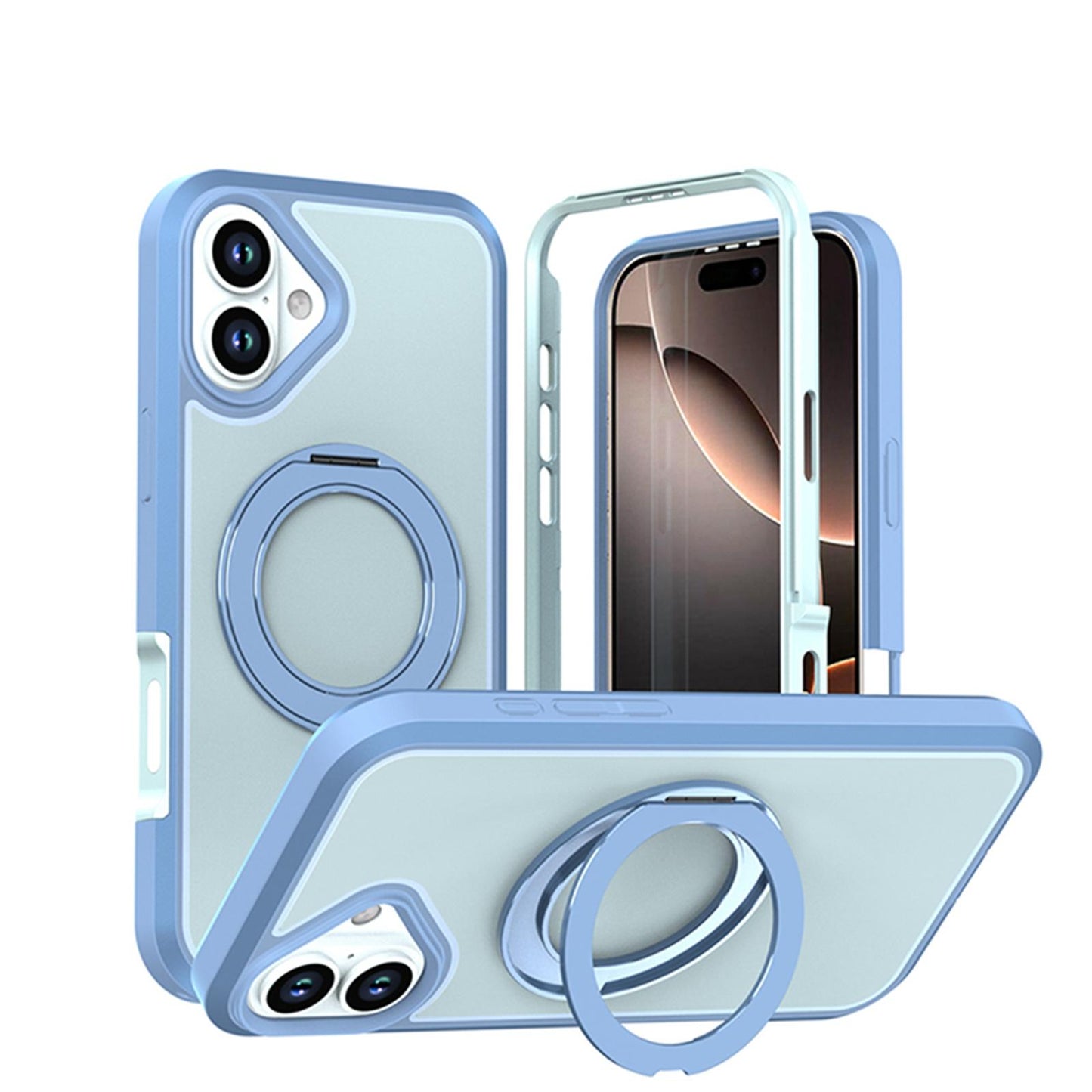 For iPhone 16 Silicone Magnetic Anti-drop Protective Phone Case with 360 Rotating Holder(Light Blue)
