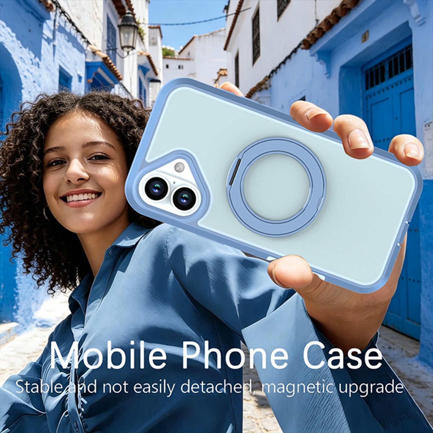 For iPhone 16 Silicone Magnetic Anti-drop Protective Phone Case with 360 Rotating Holder(Light Blue)