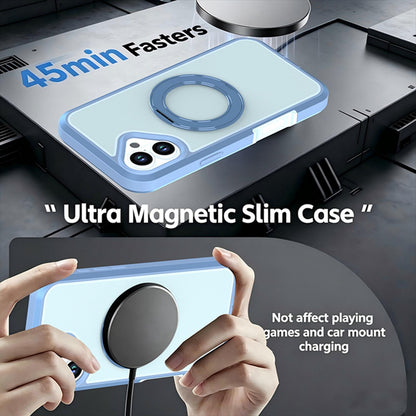 For iPhone 16 Silicone Magnetic Anti-drop Protective Phone Case with 360 Rotating Holder(Light Blue)