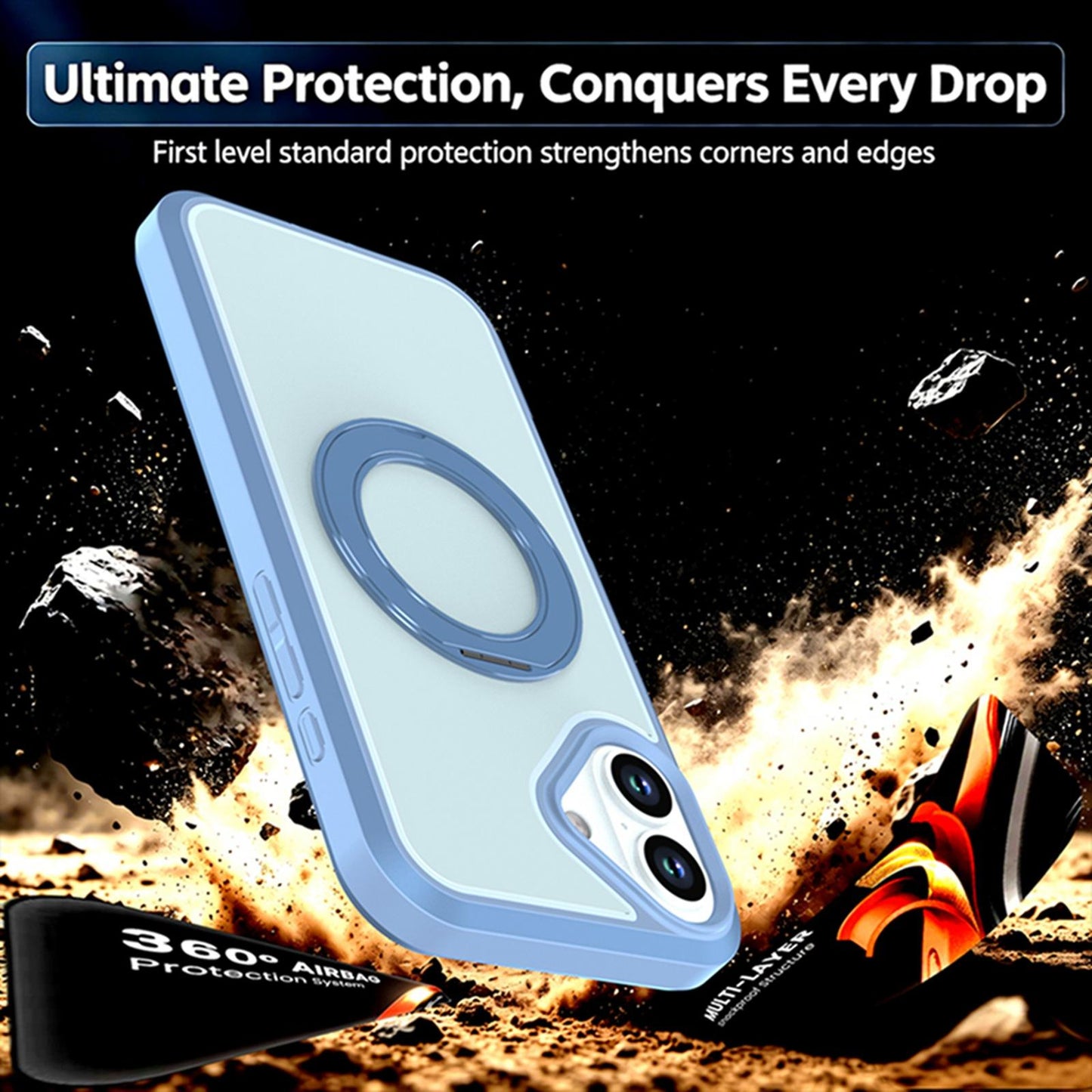 For iPhone 16 Silicone Magnetic Anti-drop Protective Phone Case with 360 Rotating Holder(Light Blue)