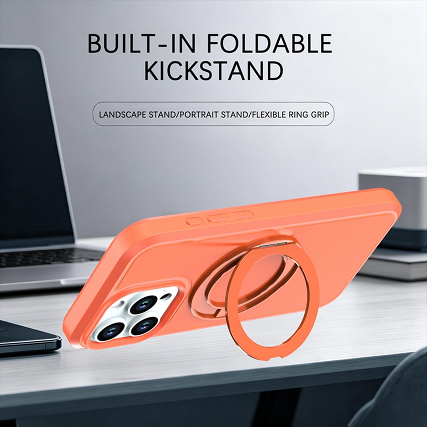 For iPhone 15 Pro Max Silicone Magnetic Anti-drop Protective Phone Case with 360 Rotating Holder(Orange)