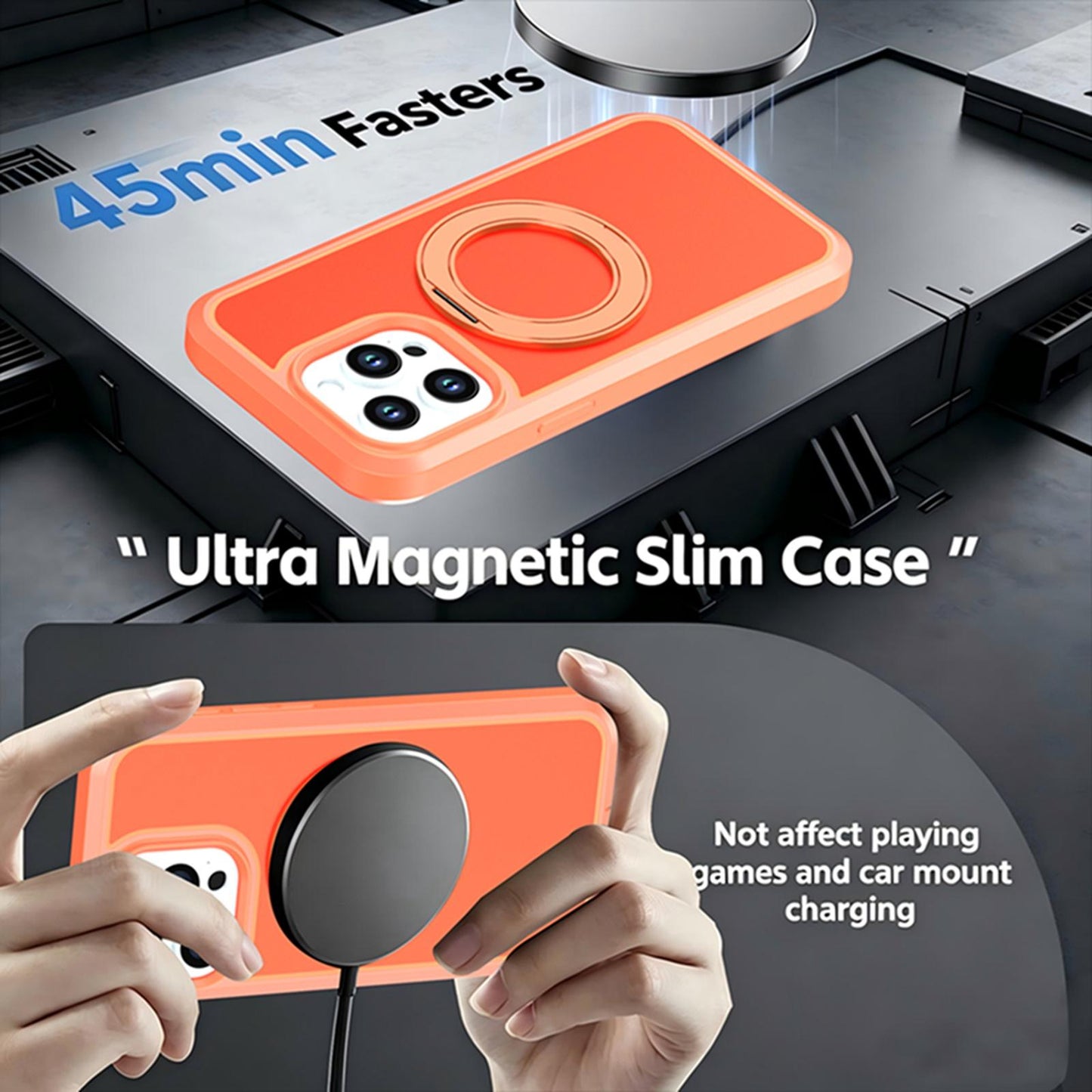 For iPhone 15 Pro Max Silicone Magnetic Anti-drop Protective Phone Case with 360 Rotating Holder(Orange)