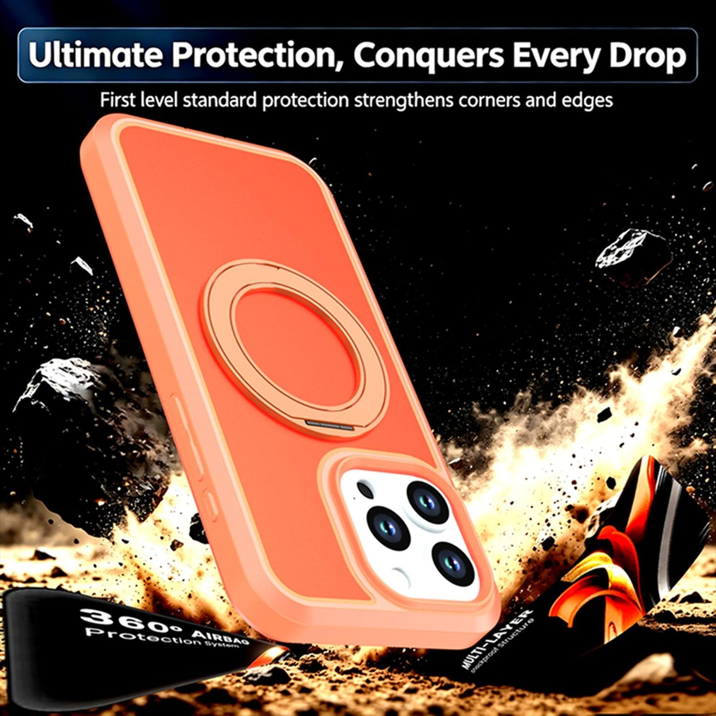 For iPhone 15 Pro Max Silicone Magnetic Anti-drop Protective Phone Case with 360 Rotating Holder(Orange)
