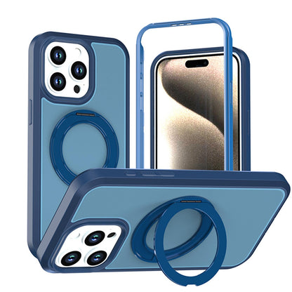 For iPhone 15 Pro Max Silicone Magnetic Anti-drop Protective Phone Case with 360 Rotating Holder(Blue)