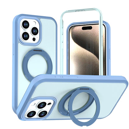 For iPhone 15 Pro Max Silicone Magnetic Anti-drop Protective Phone Case with 360 Rotating Holder(Light Blue)