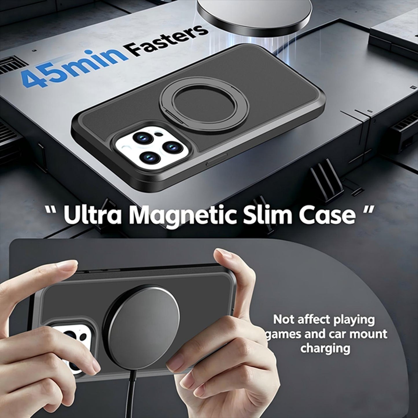 For iPhone 15 Pro Silicone Magnetic Anti-drop Protective Phone Case with 360 Rotating Holder(Black)