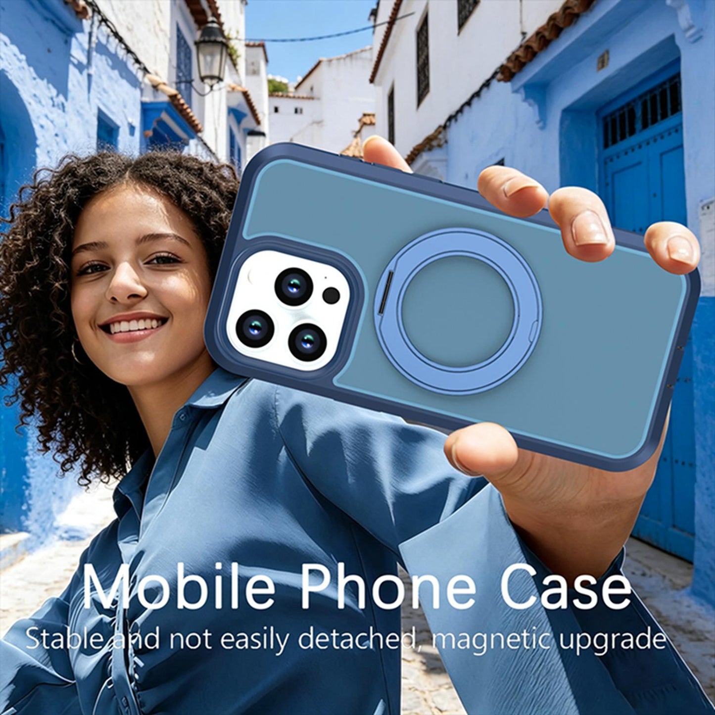 For iPhone 15 Pro Silicone Magnetic Anti-drop Protective Phone Case with 360 Rotating Holder(Blue)