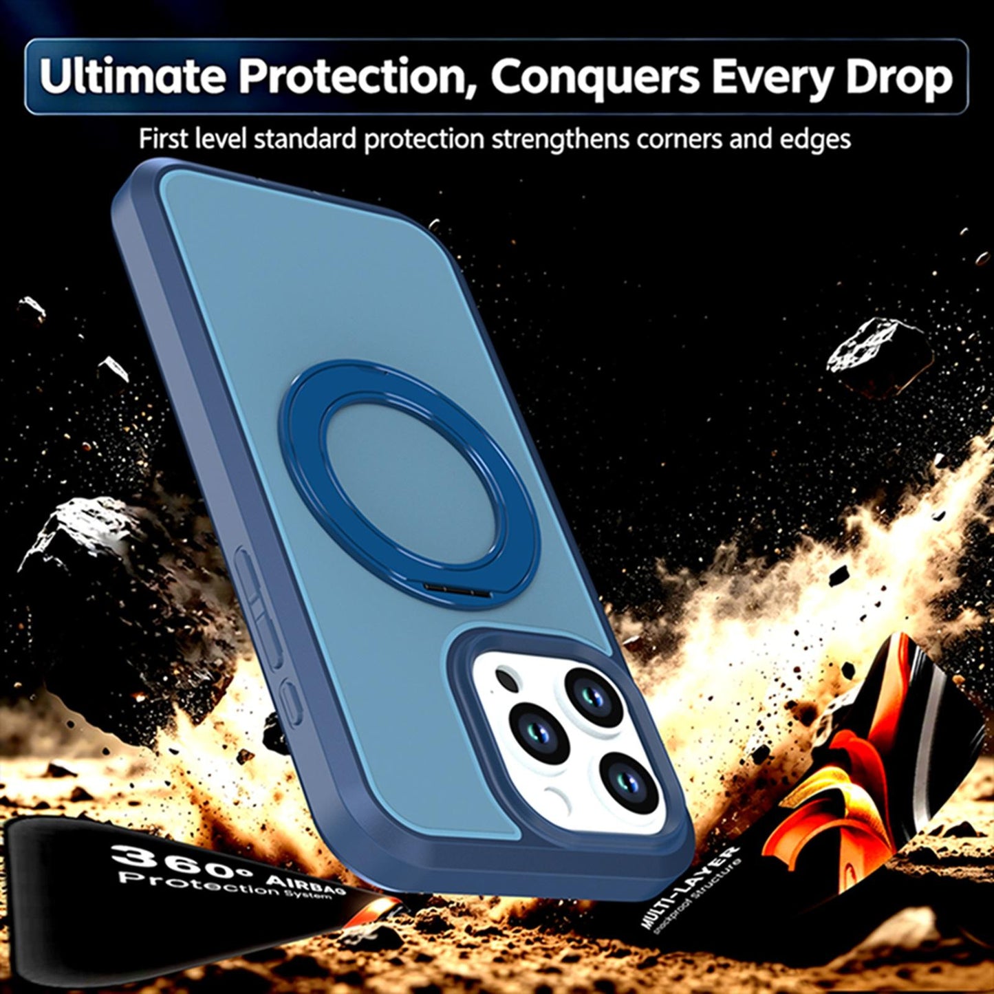 For iPhone 15 Pro Silicone Magnetic Anti-drop Protective Phone Case with 360 Rotating Holder(Blue)