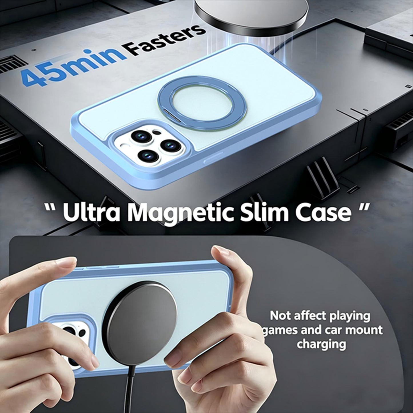 For iPhone 15 Pro Silicone Magnetic Anti-drop Protective Phone Case with 360 Rotating Holder(Light Blue)