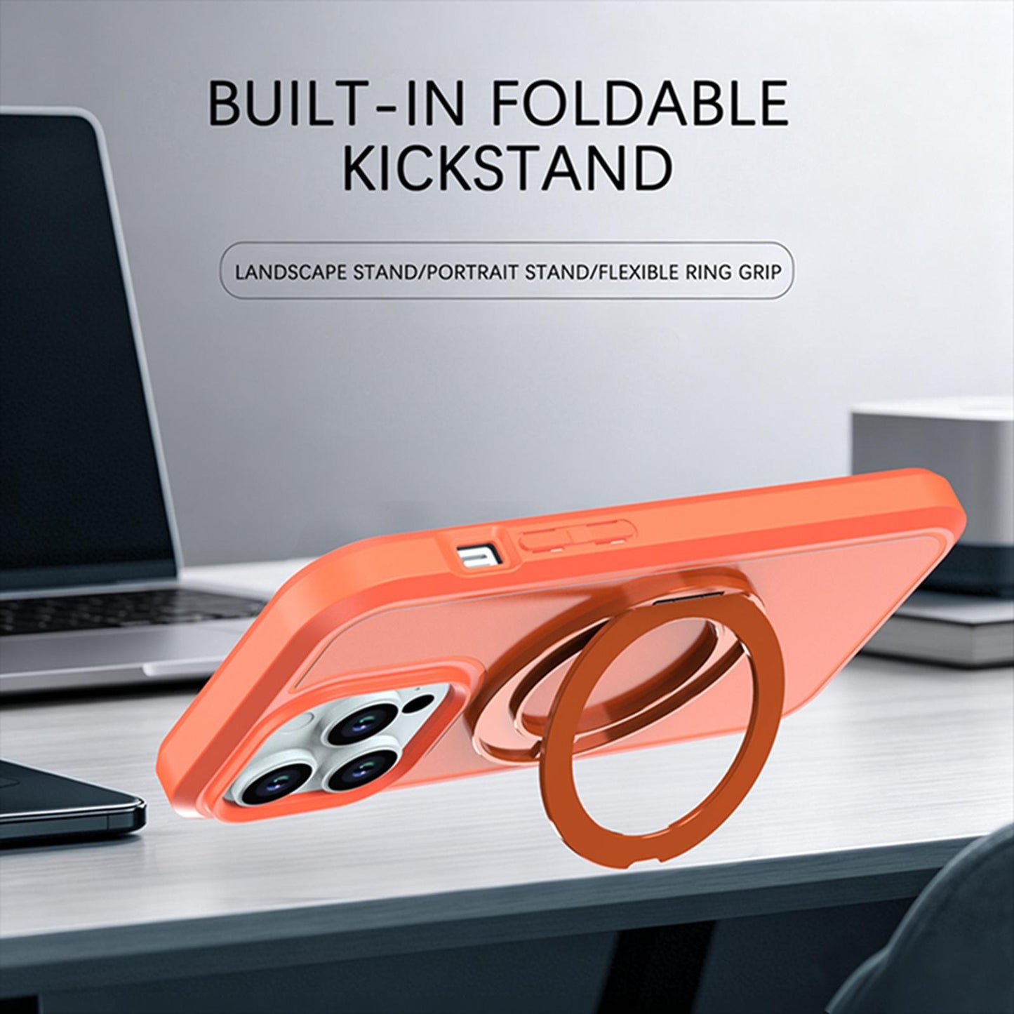 For iPhone 14 Pro Silicone Magnetic Anti-drop Protective Phone Case with 360 Rotating Holder(Orange)