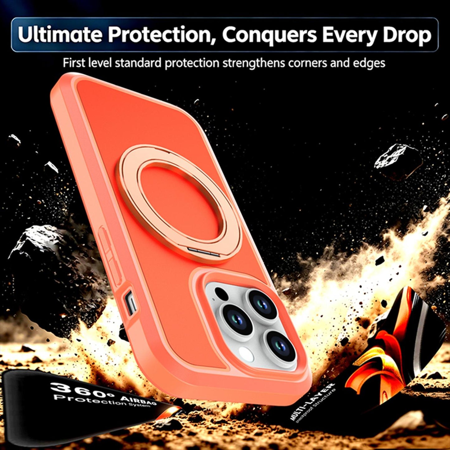 For iPhone 14 Pro Silicone Magnetic Anti-drop Protective Phone Case with 360 Rotating Holder(Orange)
