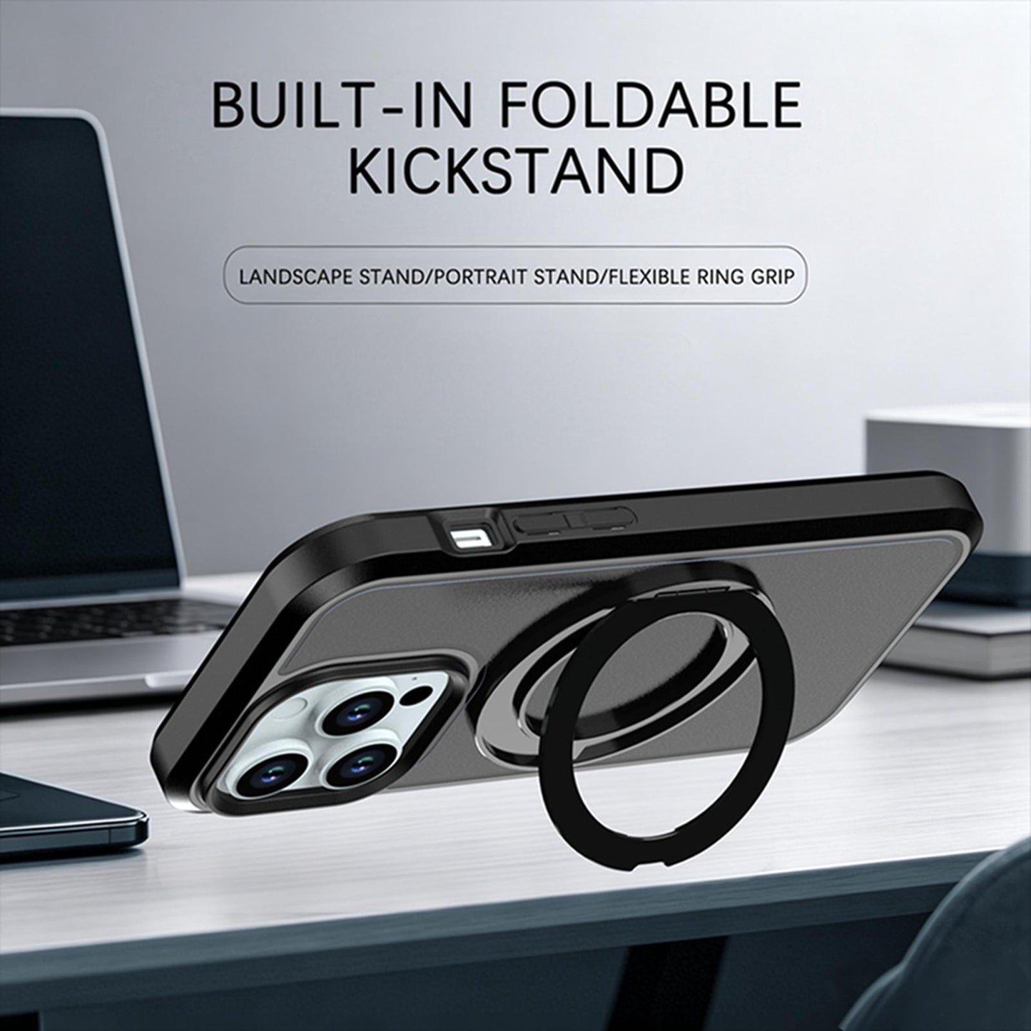 For iPhone 14 Pro Silicone Magnetic Anti-drop Protective Phone Case with 360 Rotating Holder(Black)