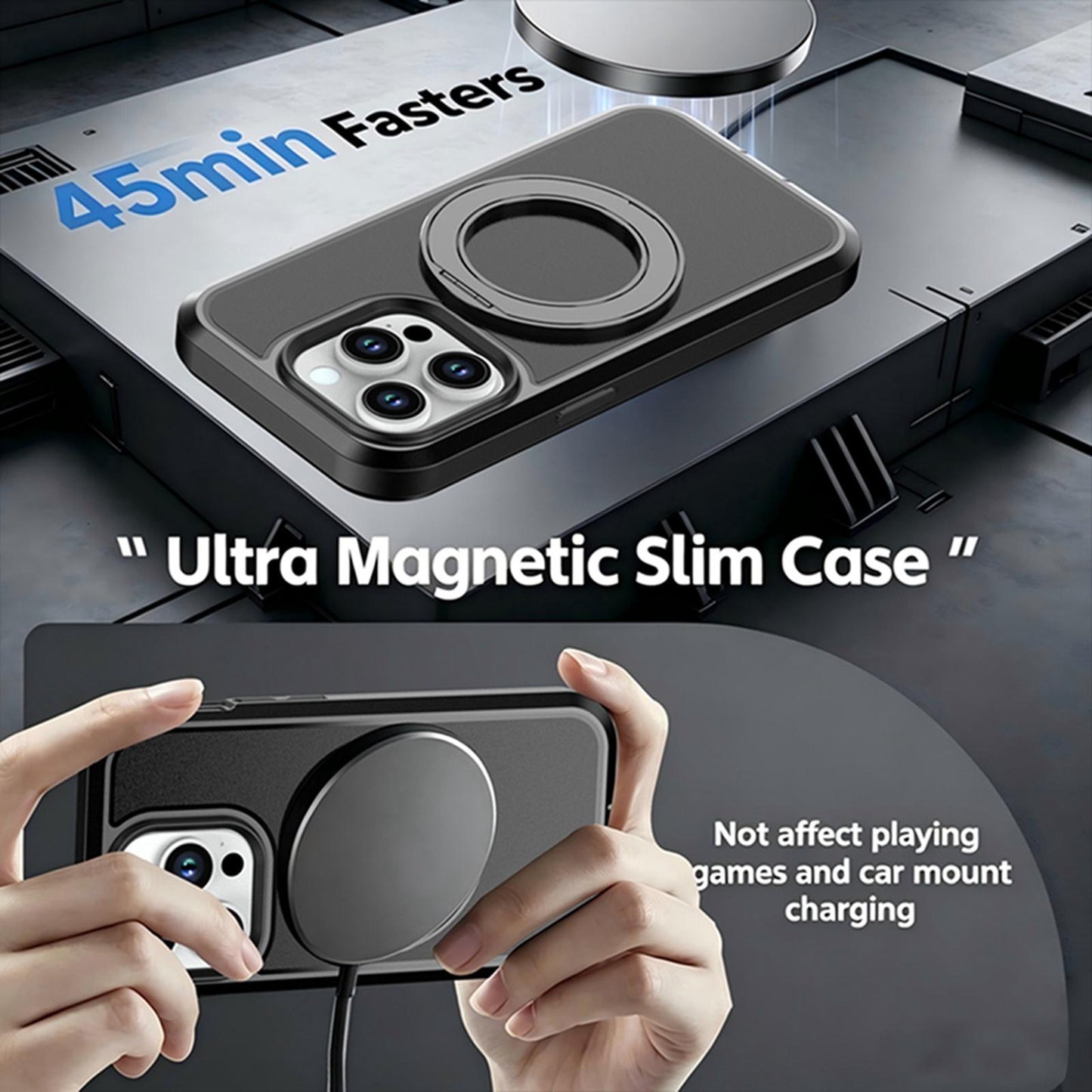 For iPhone 14 Pro Silicone Magnetic Anti-drop Protective Phone Case with 360 Rotating Holder(Black)