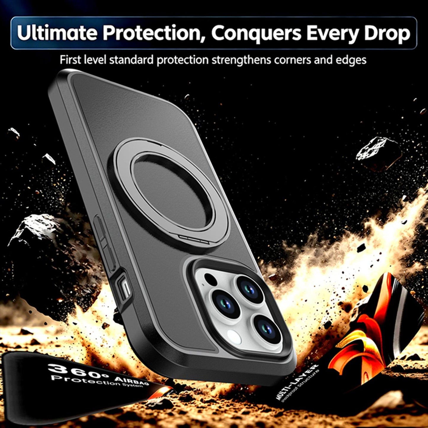 For iPhone 14 Pro Silicone Magnetic Anti-drop Protective Phone Case with 360 Rotating Holder(Black)