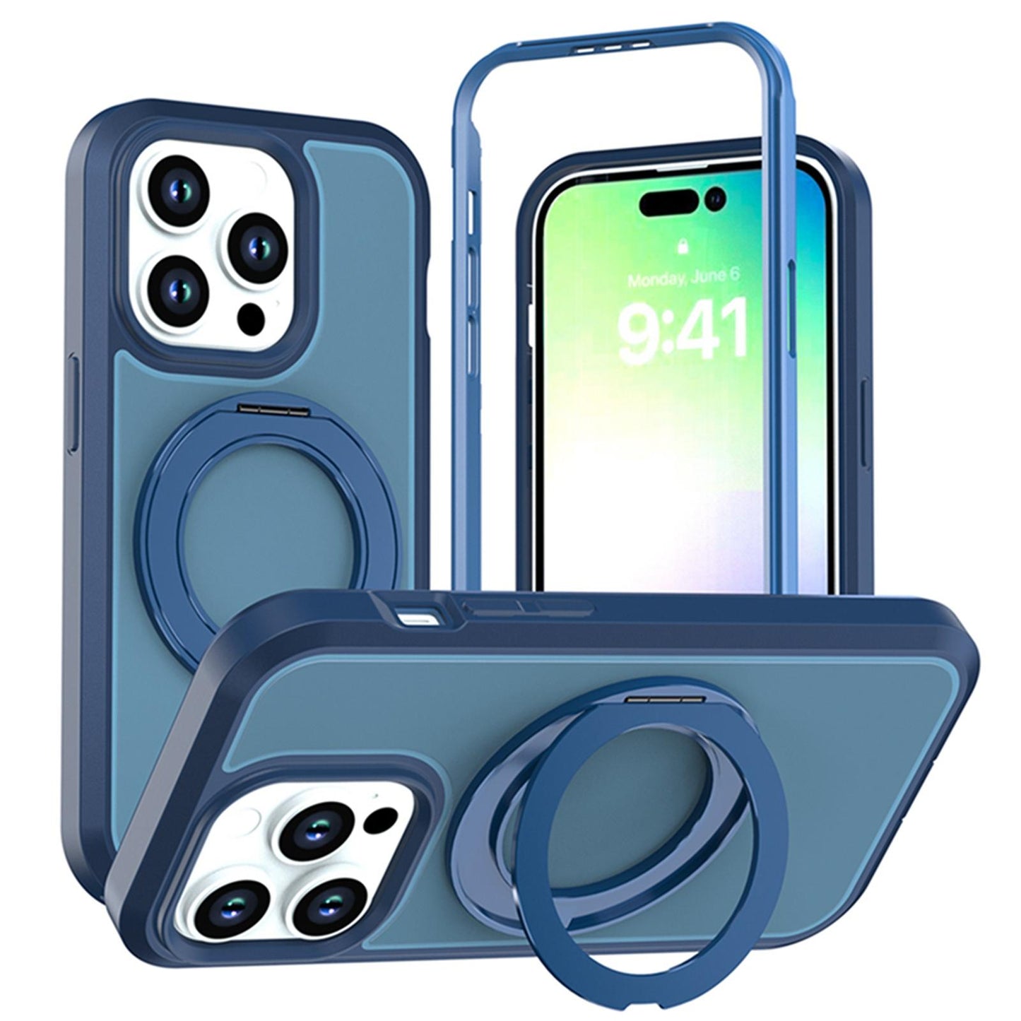 For iPhone 14 Pro Silicone Magnetic Anti-drop Protective Phone Case with 360 Rotating Holder(Blue)