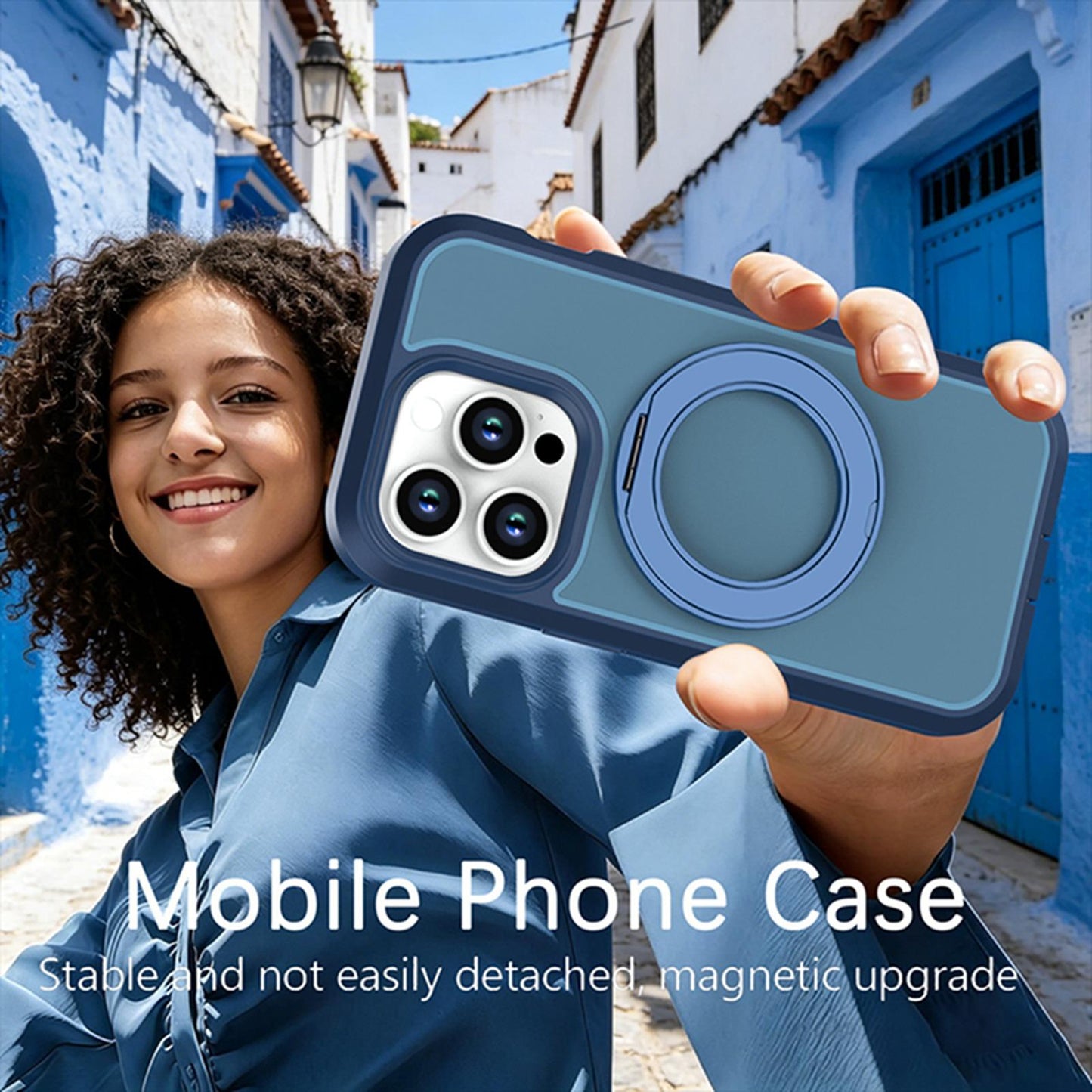 For iPhone 14 Pro Silicone Magnetic Anti-drop Protective Phone Case with 360 Rotating Holder(Blue)