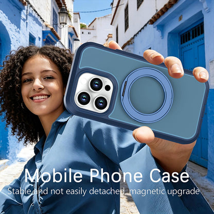 For iPhone 14 Pro Silicone Magnetic Anti-drop Protective Phone Case with 360 Rotating Holder(Blue)