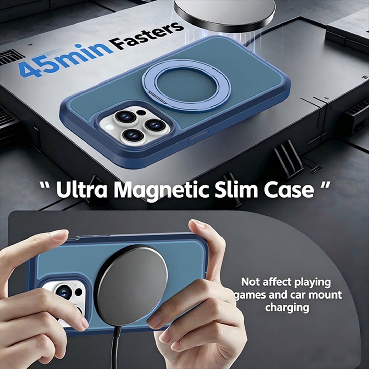 For iPhone 14 Pro Silicone Magnetic Anti-drop Protective Phone Case with 360 Rotating Holder(Blue)