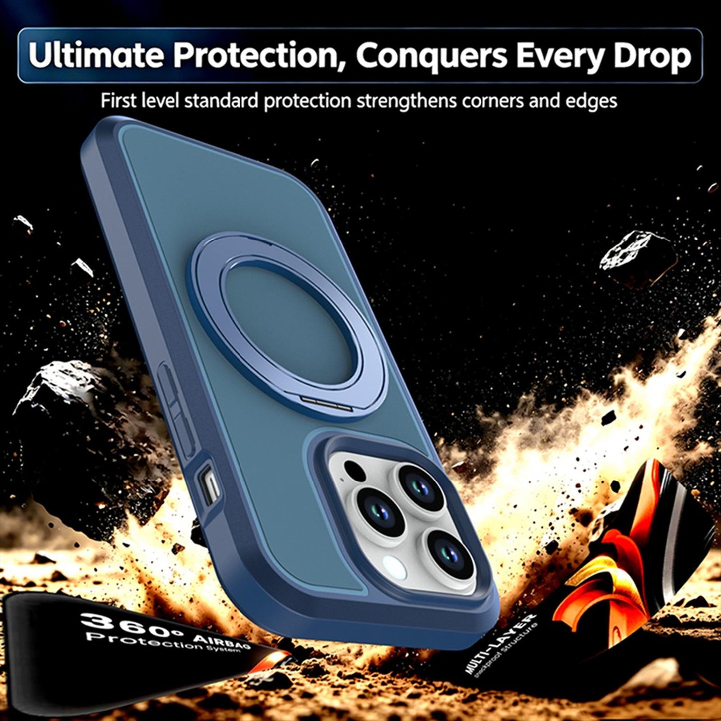 For iPhone 14 Pro Silicone Magnetic Anti-drop Protective Phone Case with 360 Rotating Holder(Blue)