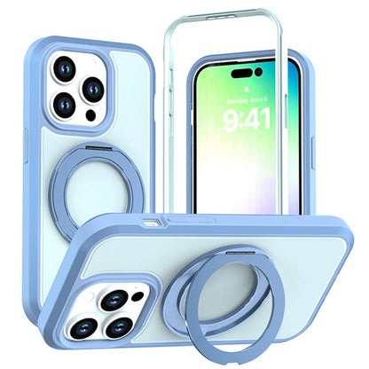 For iPhone 14 Pro Silicone Magnetic Anti-drop Protective Phone Case with 360 Rotating Holder(Light Blue)