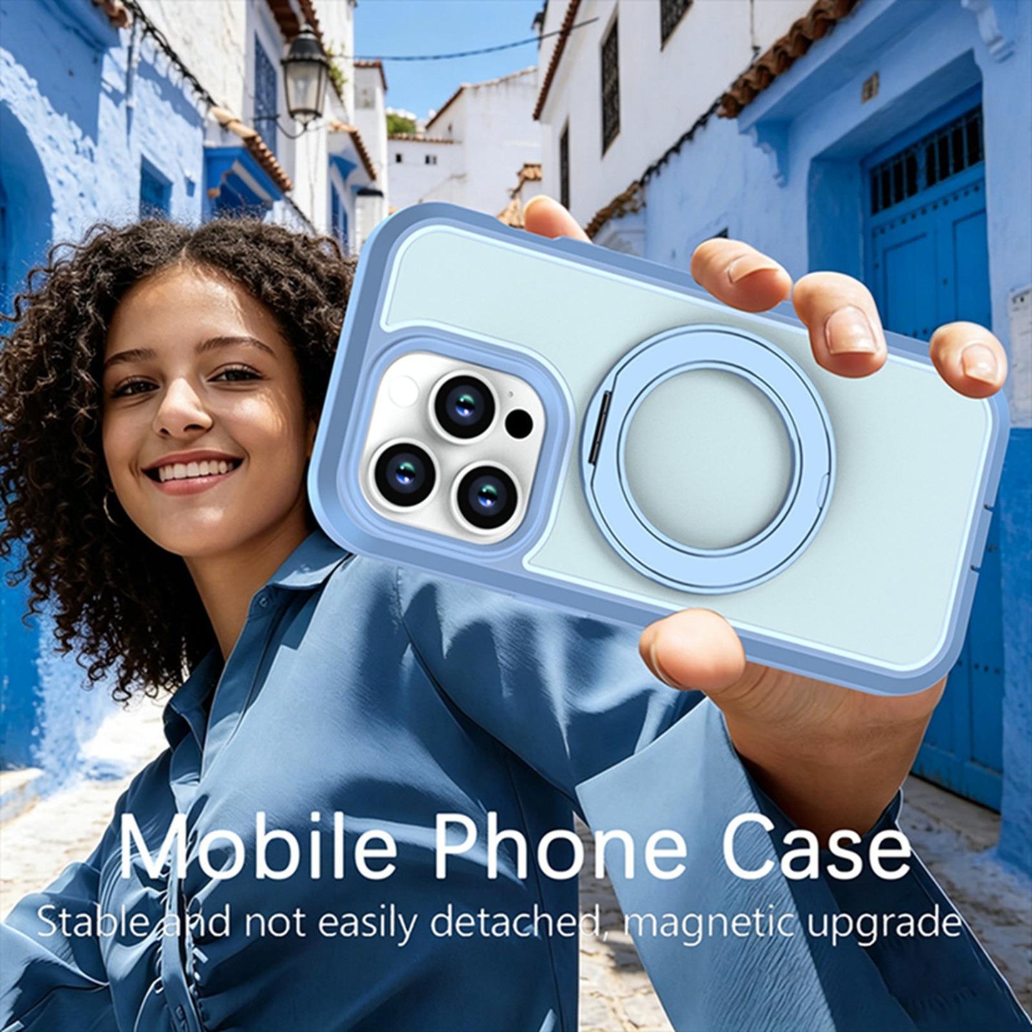 For iPhone 14 Pro Silicone Magnetic Anti-drop Protective Phone Case with 360 Rotating Holder(Light Blue)
