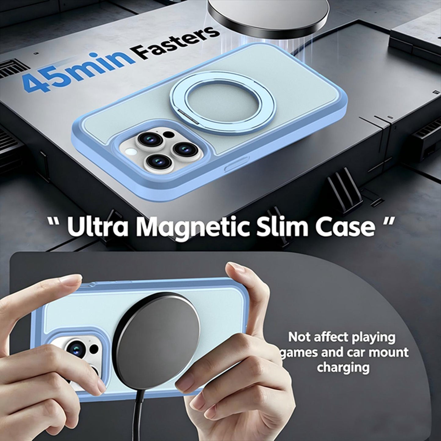 For iPhone 14 Pro Silicone Magnetic Anti-drop Protective Phone Case with 360 Rotating Holder(Light Blue)