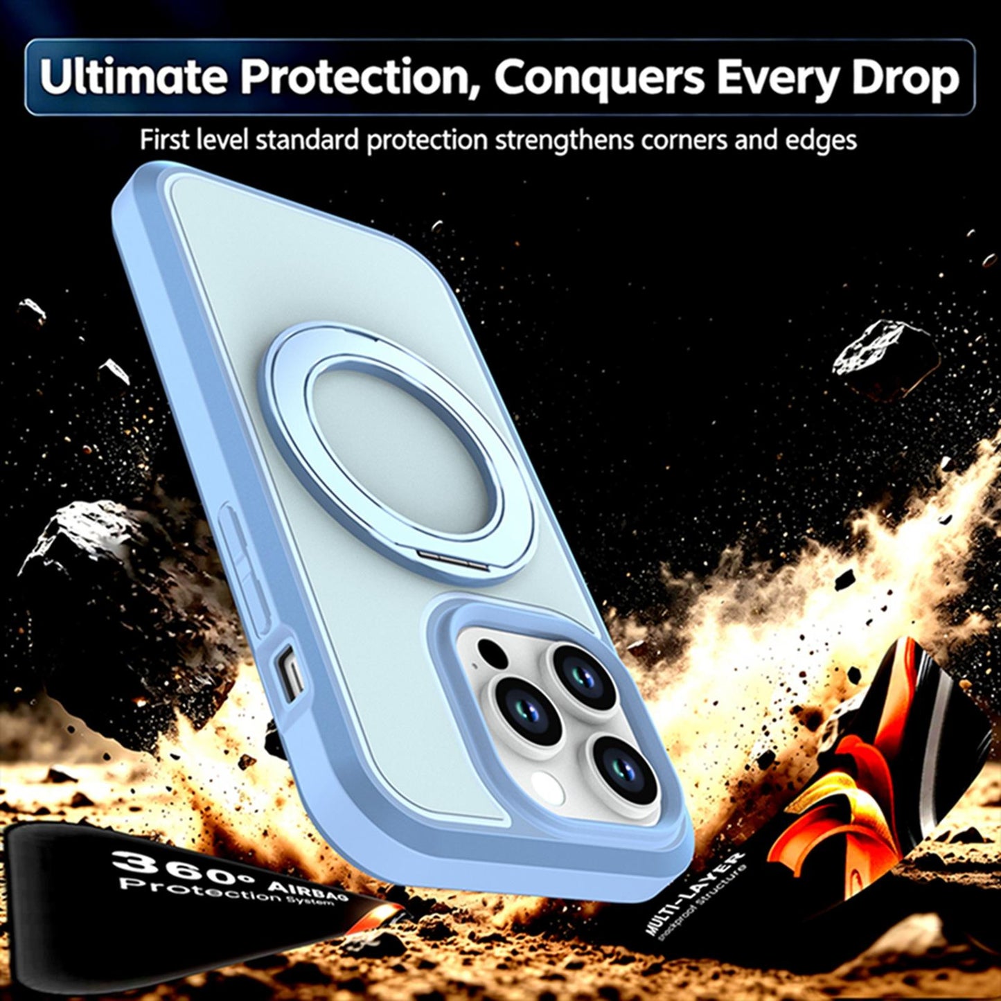 For iPhone 14 Pro Silicone Magnetic Anti-drop Protective Phone Case with 360 Rotating Holder(Light Blue)