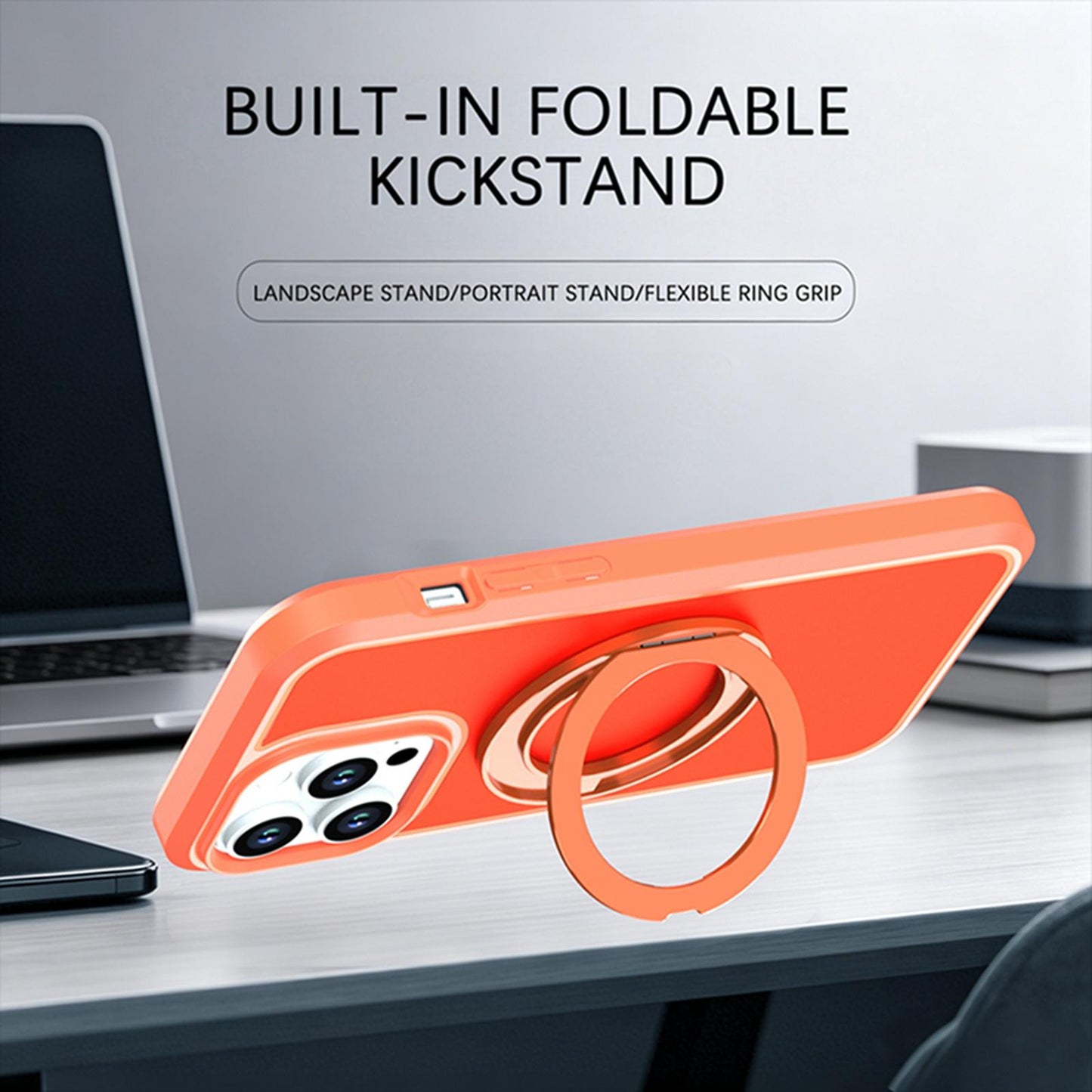 For iPhone 14 Pro Max Silicone Magnetic Anti-drop Protective Phone Case with 360 Rotating Holder(Orange)