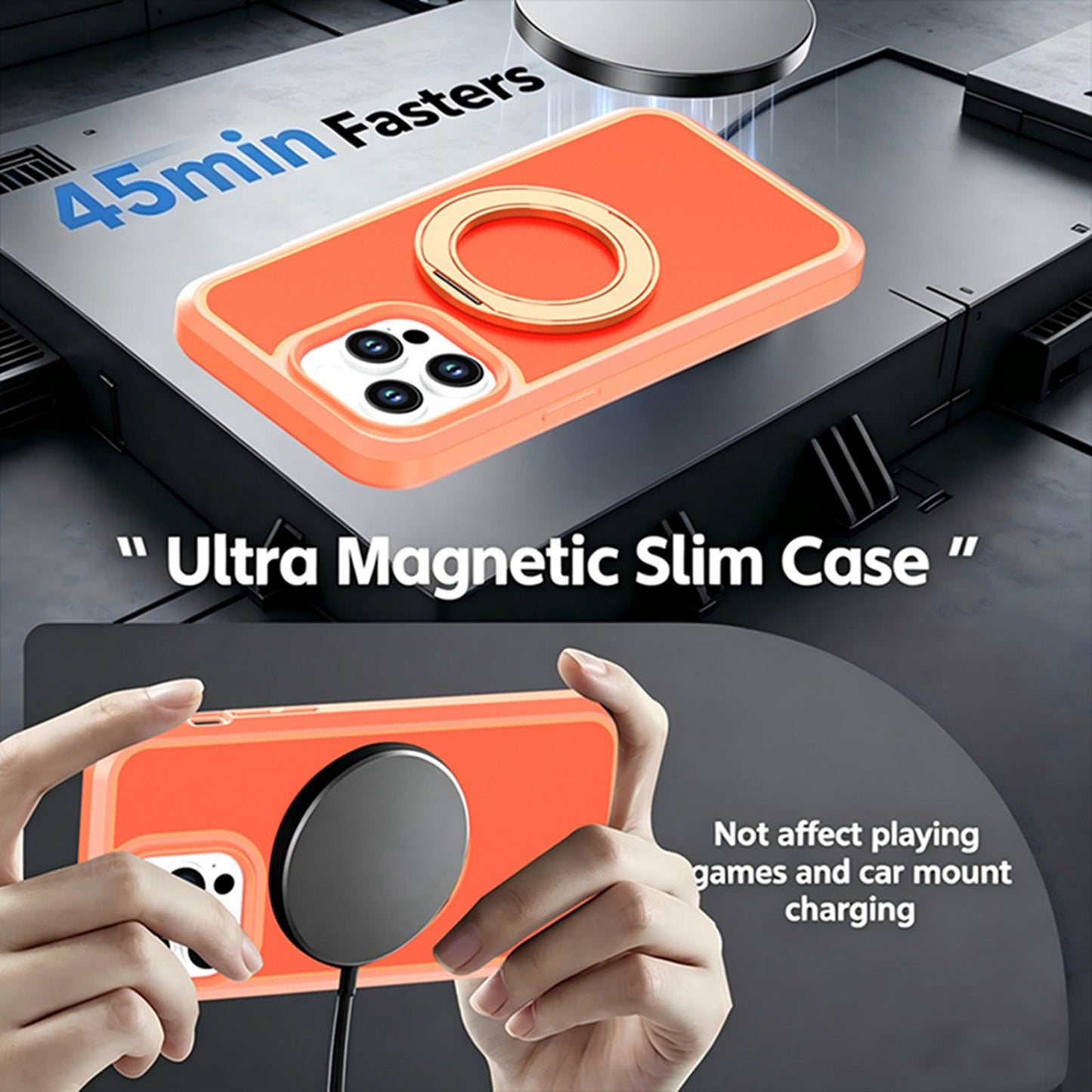 For iPhone 14 Pro Max Silicone Magnetic Anti-drop Protective Phone Case with 360 Rotating Holder(Orange)