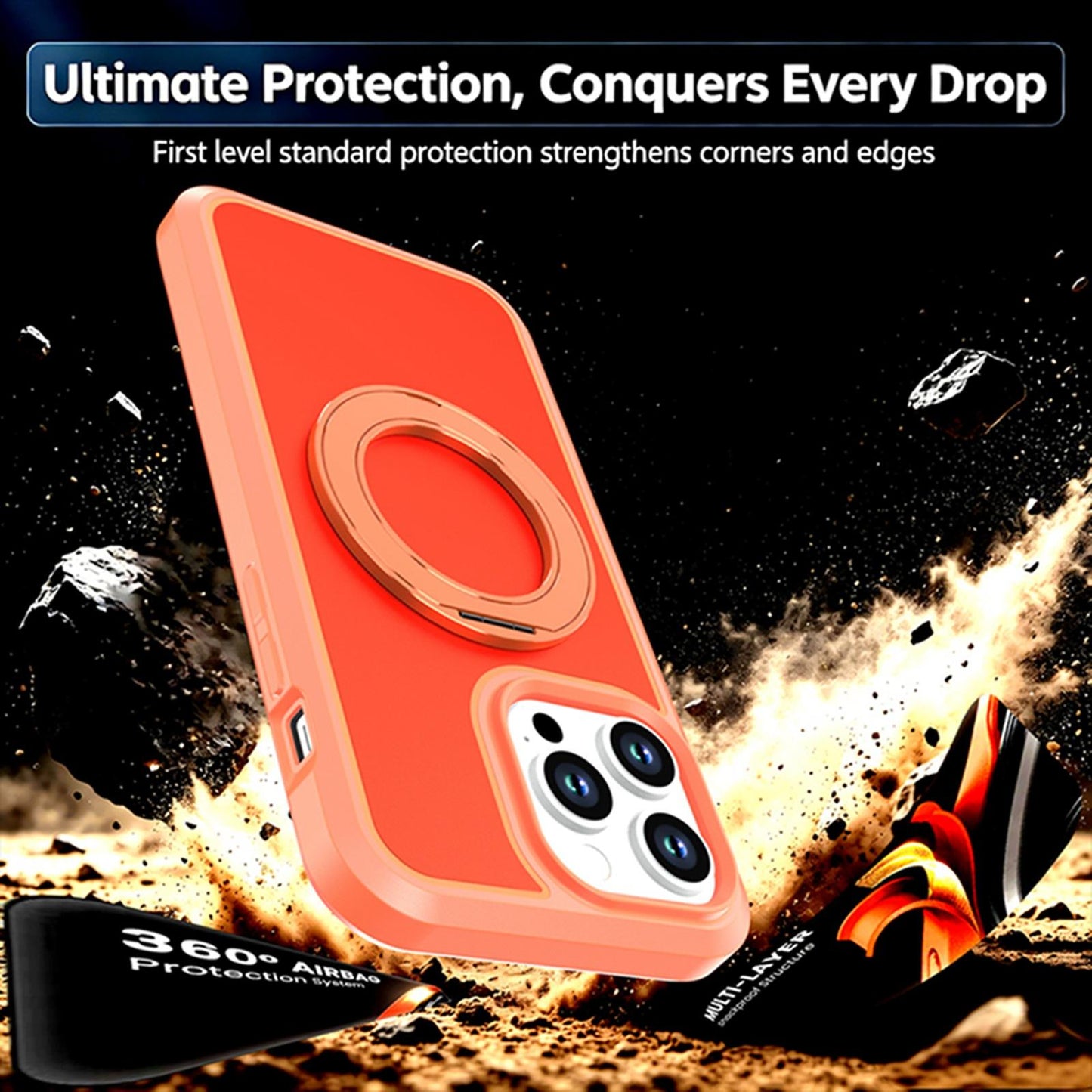 For iPhone 14 Pro Max Silicone Magnetic Anti-drop Protective Phone Case with 360 Rotating Holder(Orange)