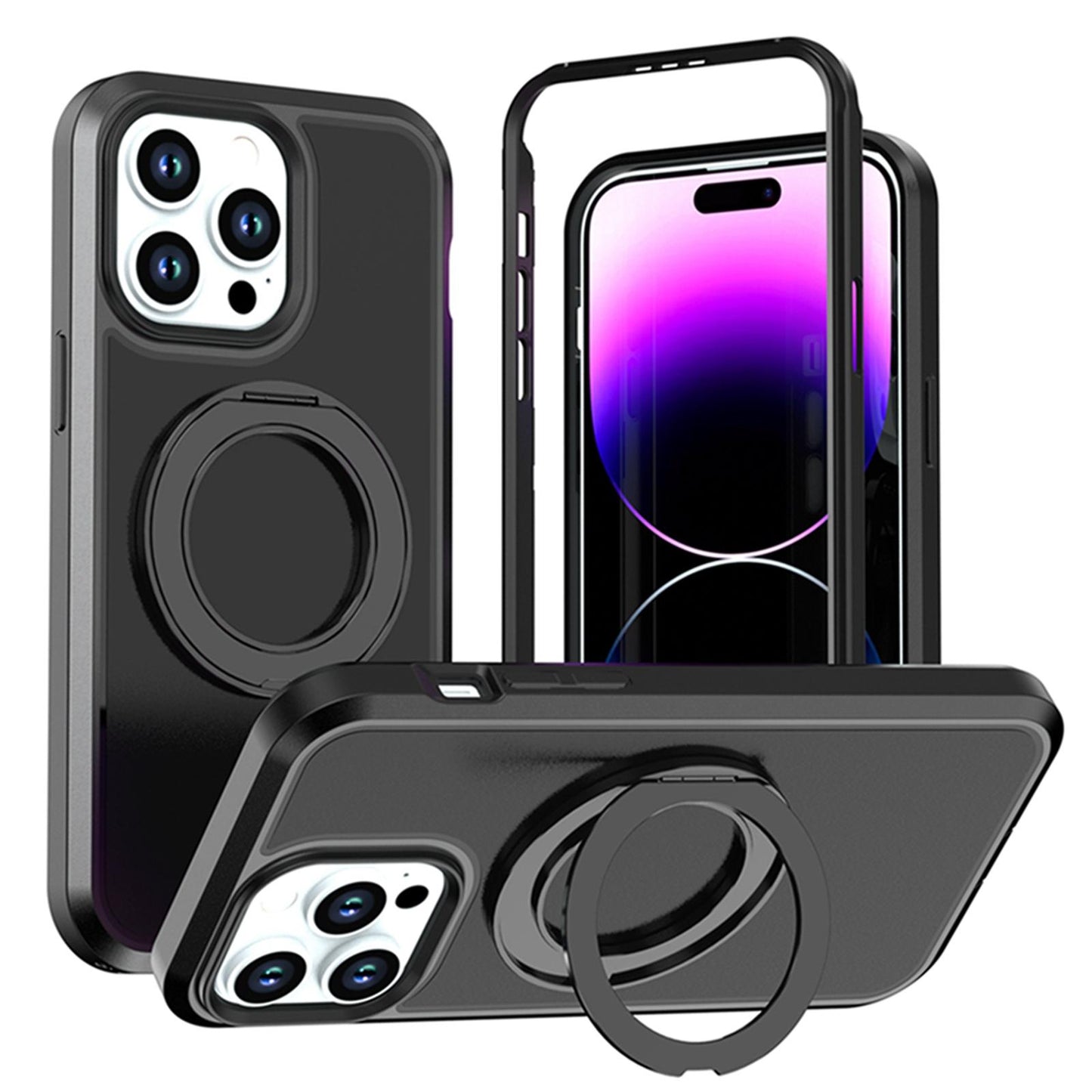 For iPhone 14 Pro Max Silicone Magnetic Anti-drop Protective Phone Case with 360 Rotating Holder(Black)