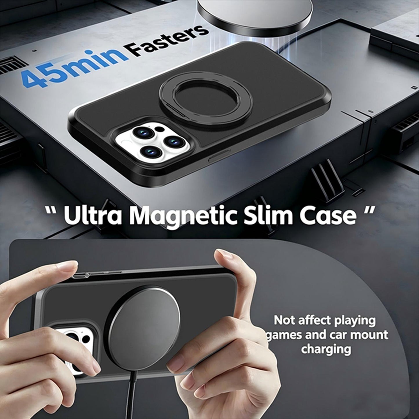For iPhone 14 Pro Max Silicone Magnetic Anti-drop Protective Phone Case with 360 Rotating Holder(Black)