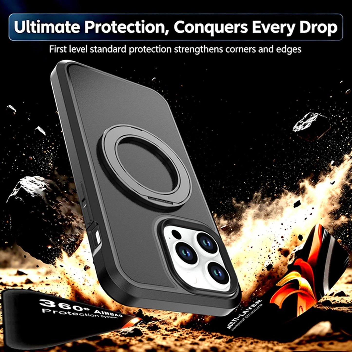 For iPhone 14 Pro Max Silicone Magnetic Anti-drop Protective Phone Case with 360 Rotating Holder(Black)
