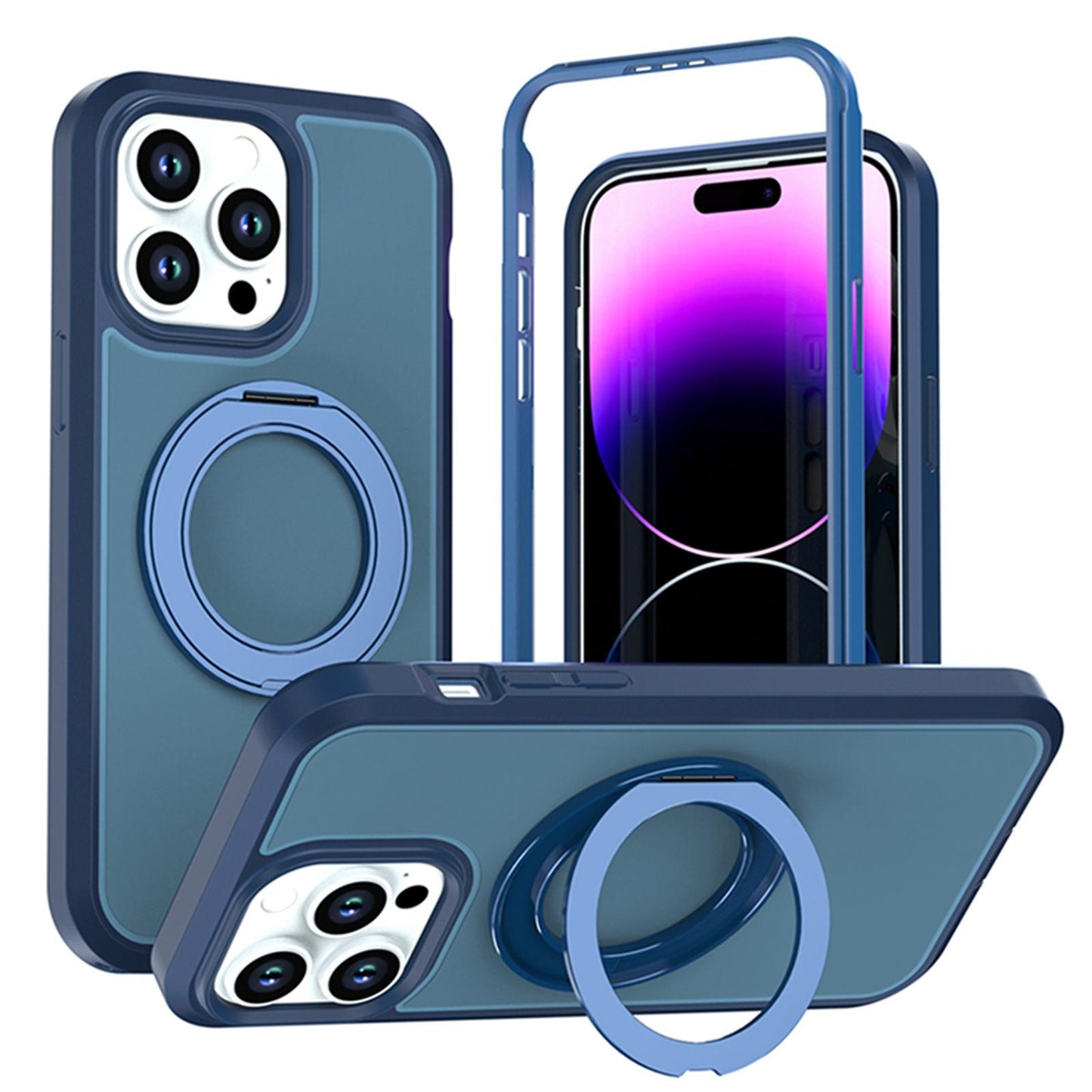 For iPhone 14 Pro Max Silicone Magnetic Anti-drop Protective Phone Case with 360 Rotating Holder(Blue)